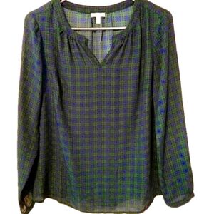 Talbots Tartan‎ Blue and Green Split V Neck Plaid Long Sleeve Chiffon Blouse SP